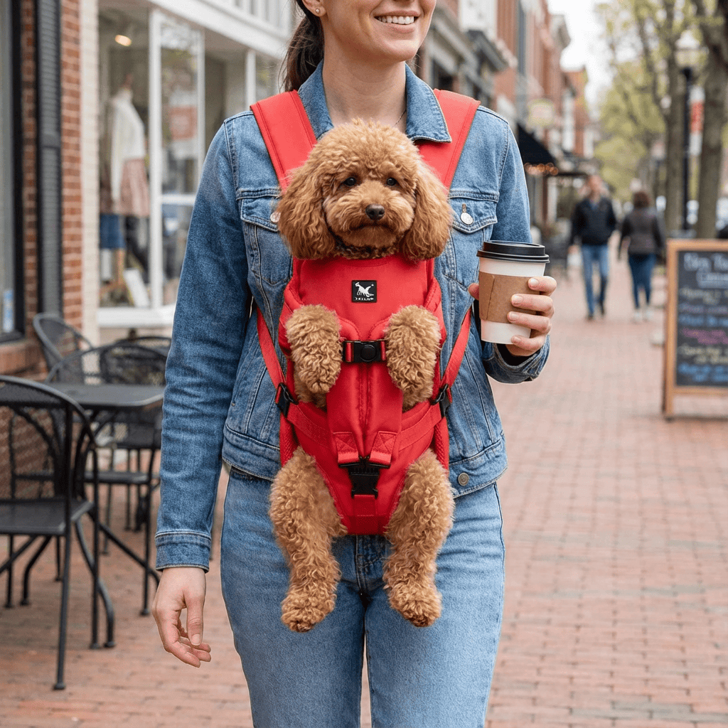ComfortCarry Pet Backpack for dogs and cats, breathable red carrier, perfect for outdoor adventures and travel.
