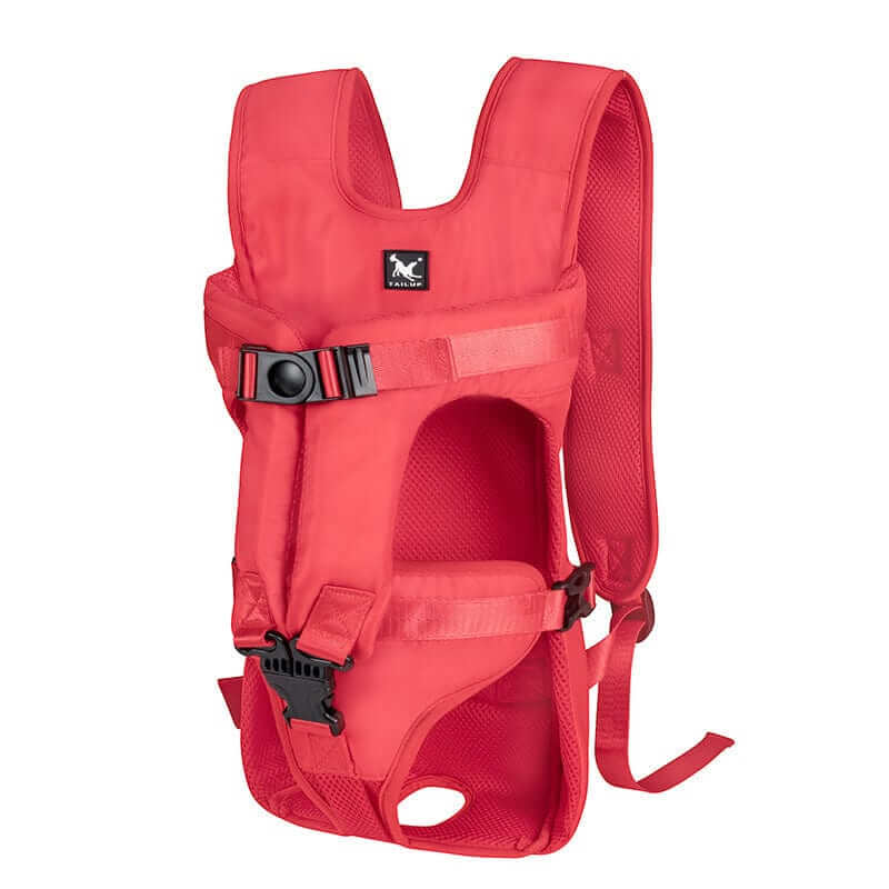 ComfortCarry Pet Backpack - Red pet carrier for dogs and cats with breathable materials and adjustable straps.