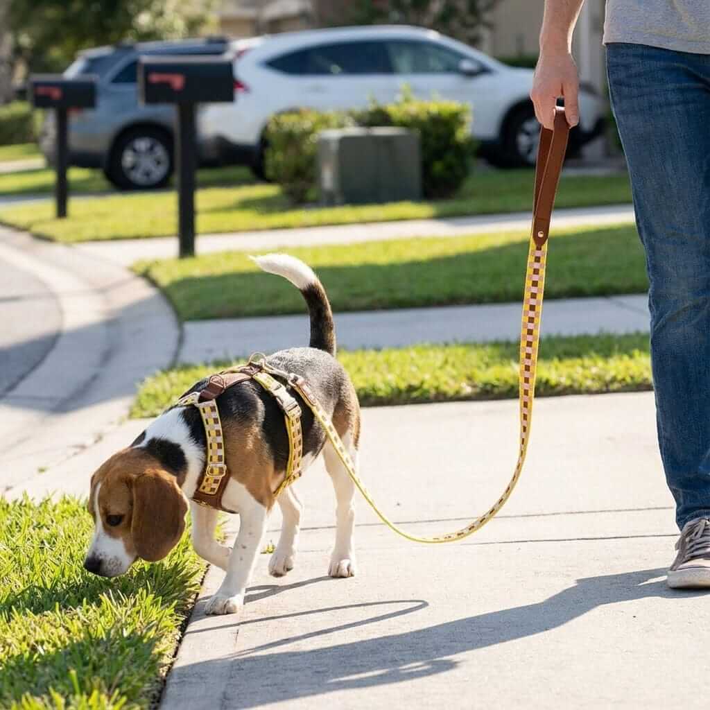 ComfortFit Dog Harness, Leash & Collar being used on a Beagle during a walk on a sunny day.