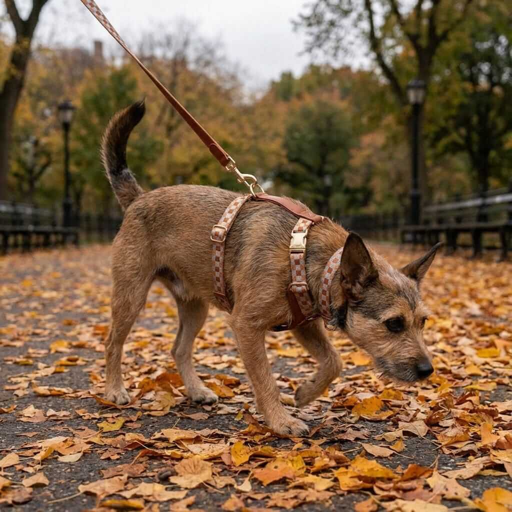 ComfortFit Dog Harness, Leash & Collar on a dog exploring a park covered in autumn leaves.
