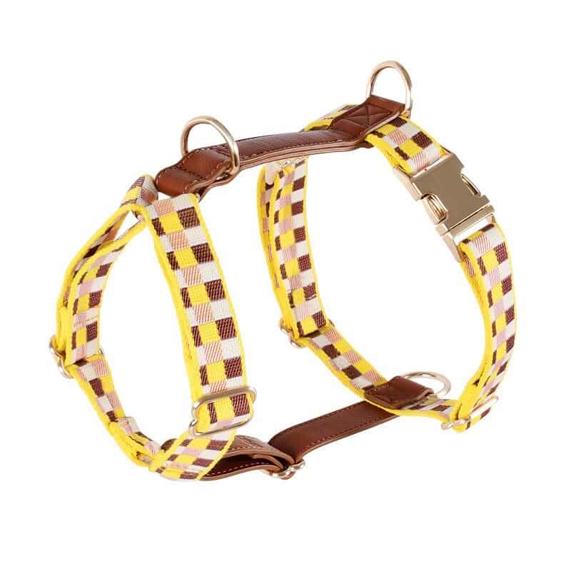 ComfortFit Dog Harness, Leash & Collar yellow and brown plaid dog harness designed for comfort and control for pets.