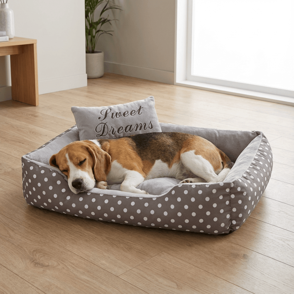 ComfortNest Dog Bed featuring stylish polka dot design, providing year-round comfort for dogs of all sizes.