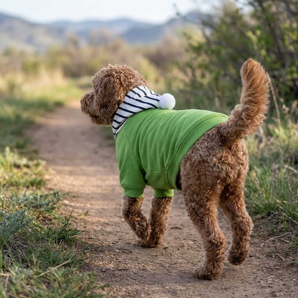Dog wearing Comfy Dog Striped Hoodie on a trail, showcasing supreme comfort and cozy style perfect for dogs.