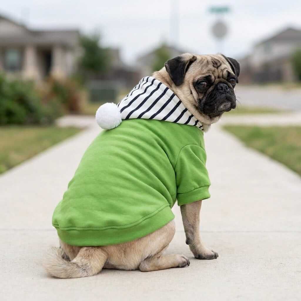 Comfy Dog Striped Hoodie on a pug, featuring cozy cotton fabric and trendy design for Dogs & Cats brand.