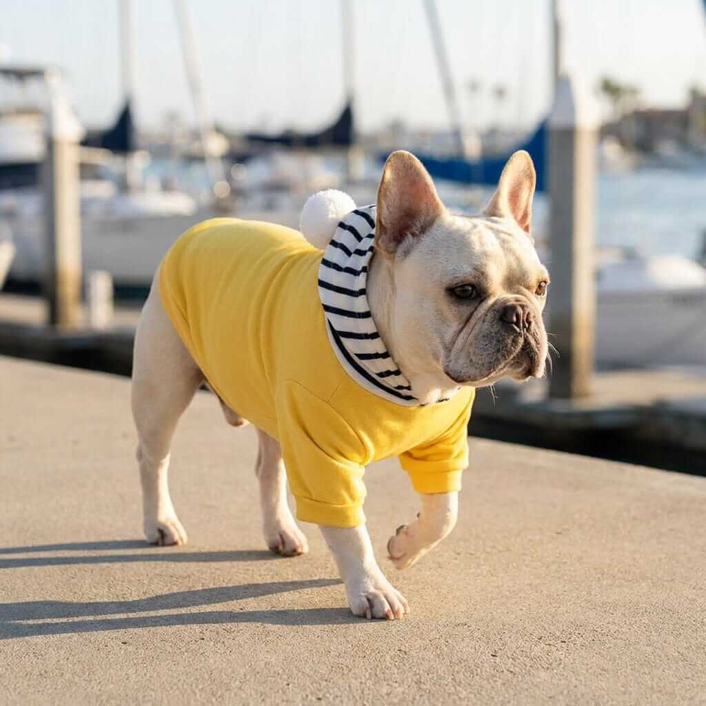 Comfy Dog Striped Hoodie on a French Bulldog by the water, showcasing supreme comfort and trendy design for dogs.