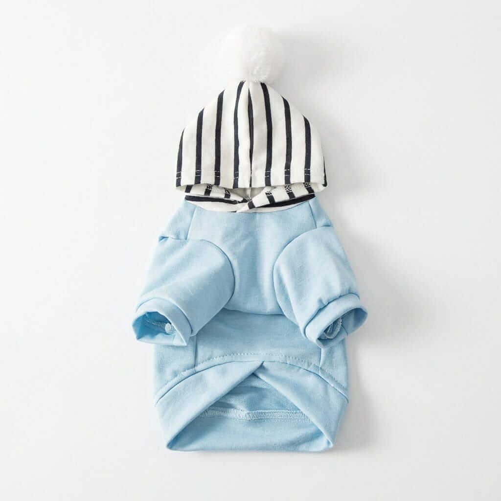 Comfy Dog Striped Hoodie, a cozy cotton hoodie for dogs featuring a trendy striped hood and pom pom, perfect for stylish pets.