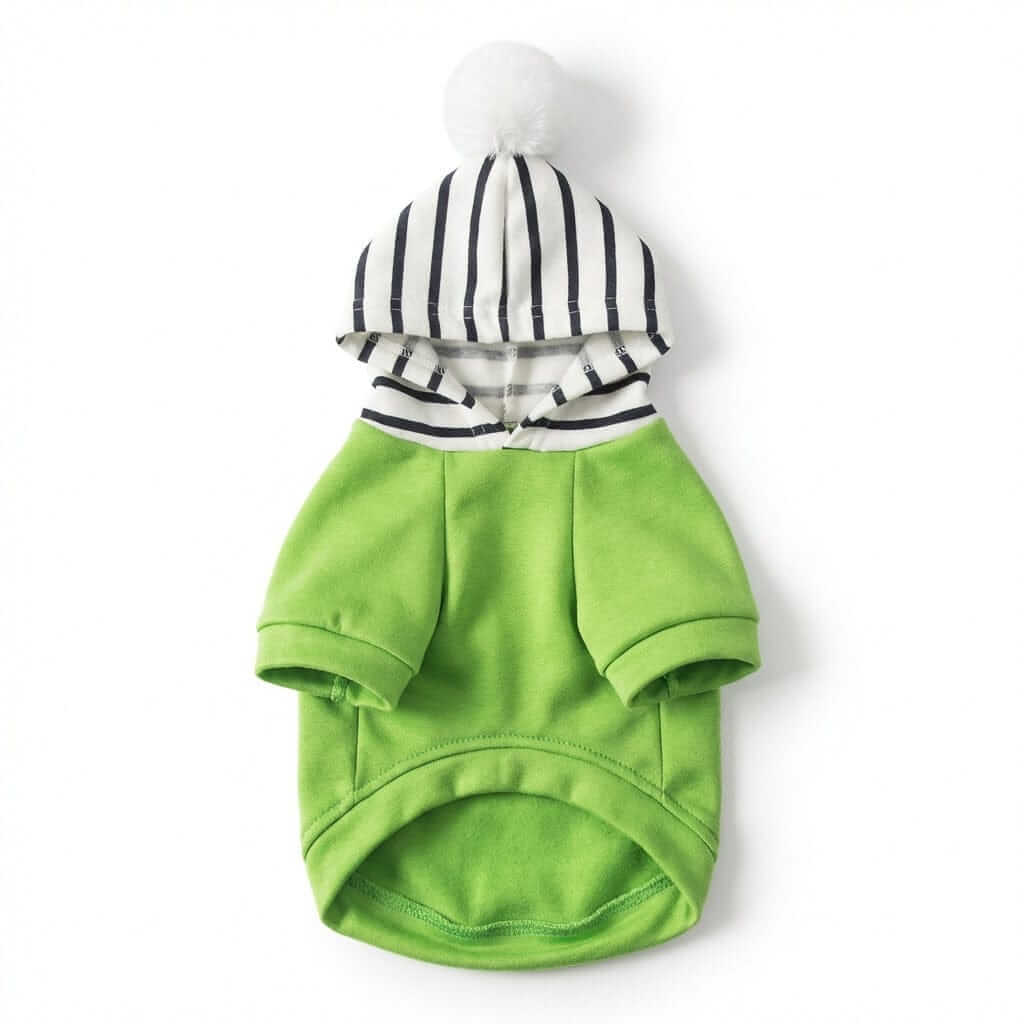 Comfy Dog Striped Hoodie in green with striped hood and pom pom, perfect for dogs. Features supreme comfort and trendy style.