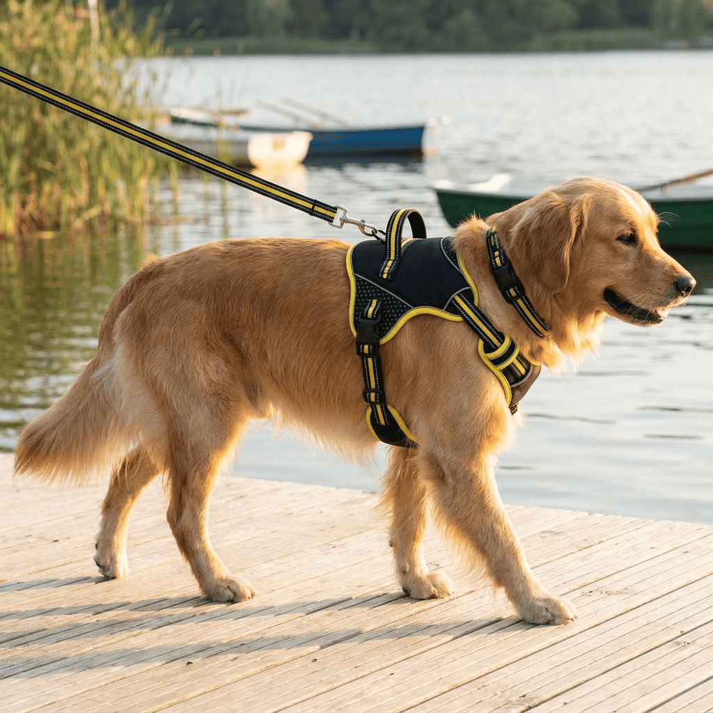 ComfyControl Reflective Dog Harness on a golden retriever near a lake, showcasing its comfort and safety features.