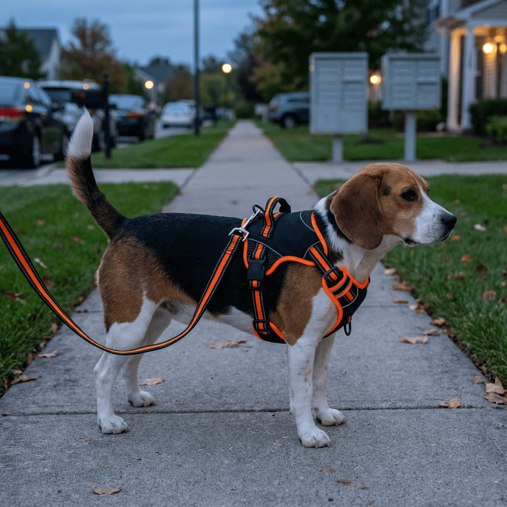 ComfyControl Reflective Dog Harness worn by a Beagle on a sidewalk, showcasing comfort, safety, and reflective features.