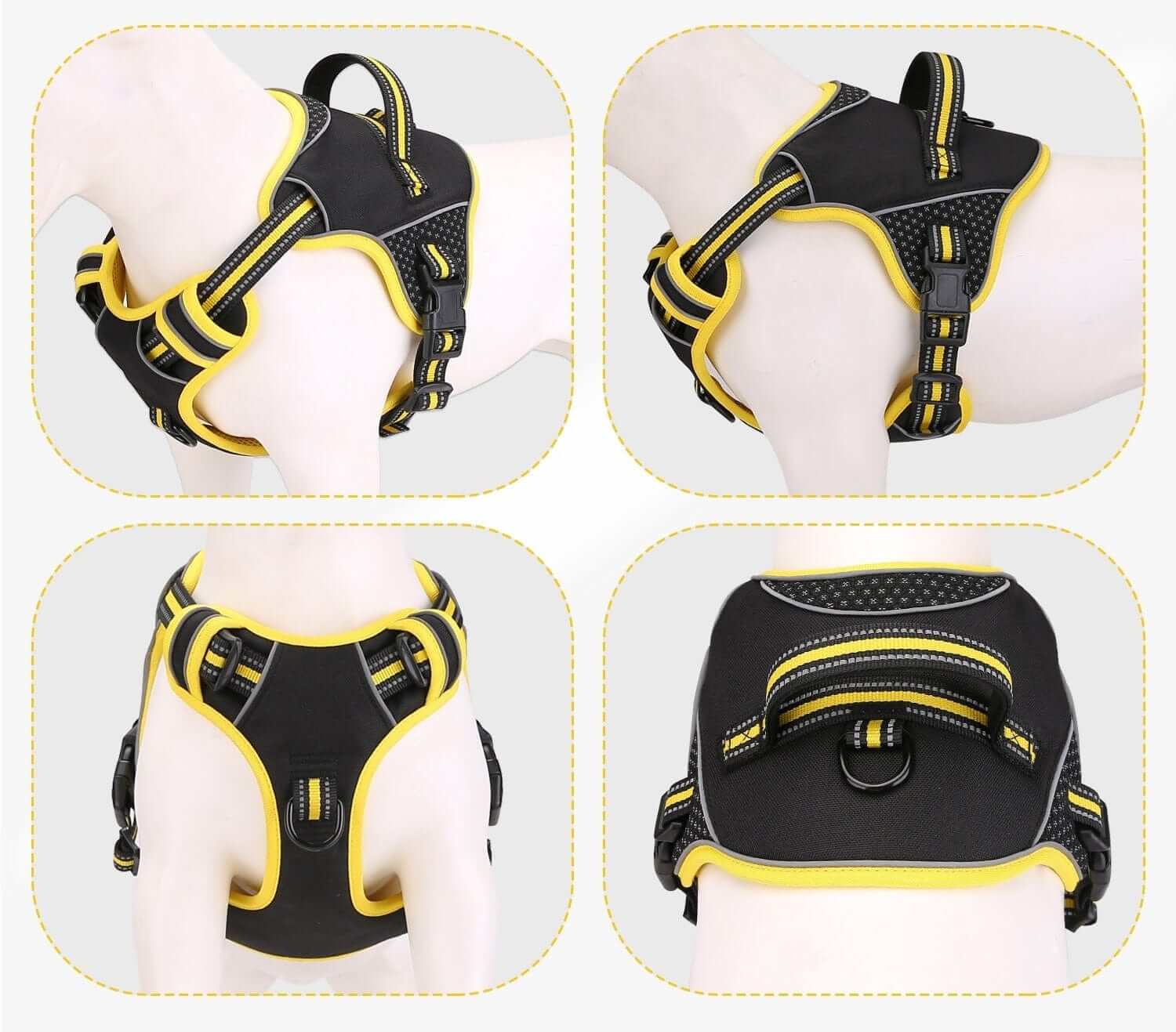 ComfyControl Reflective Dog Harness showing multiple angles, featuring soft padding and durable Oxford fabric for dogs and cats.