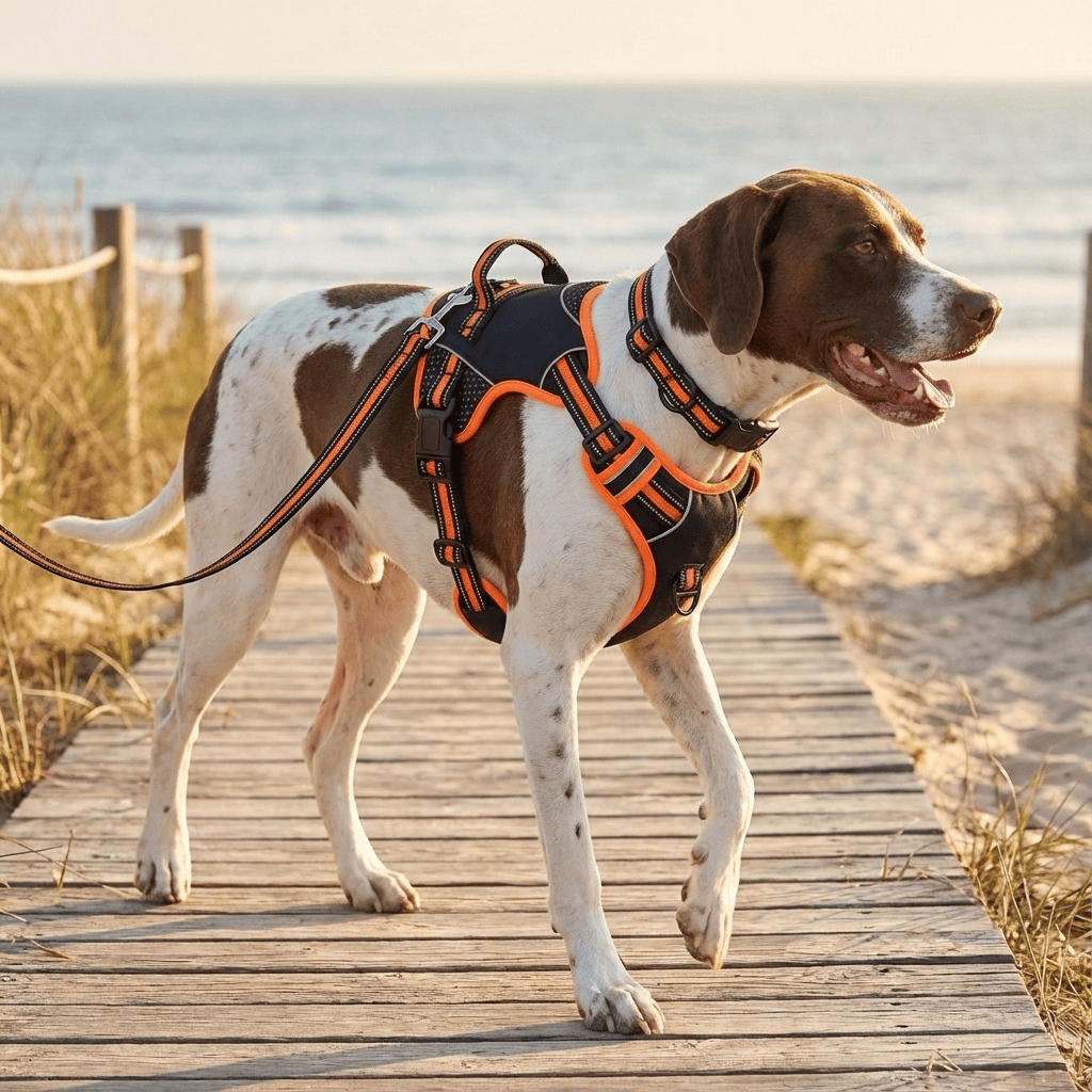 ComfyControl Reflective Dog Harness on a dog walking by the beach, designed for comfort and safety.