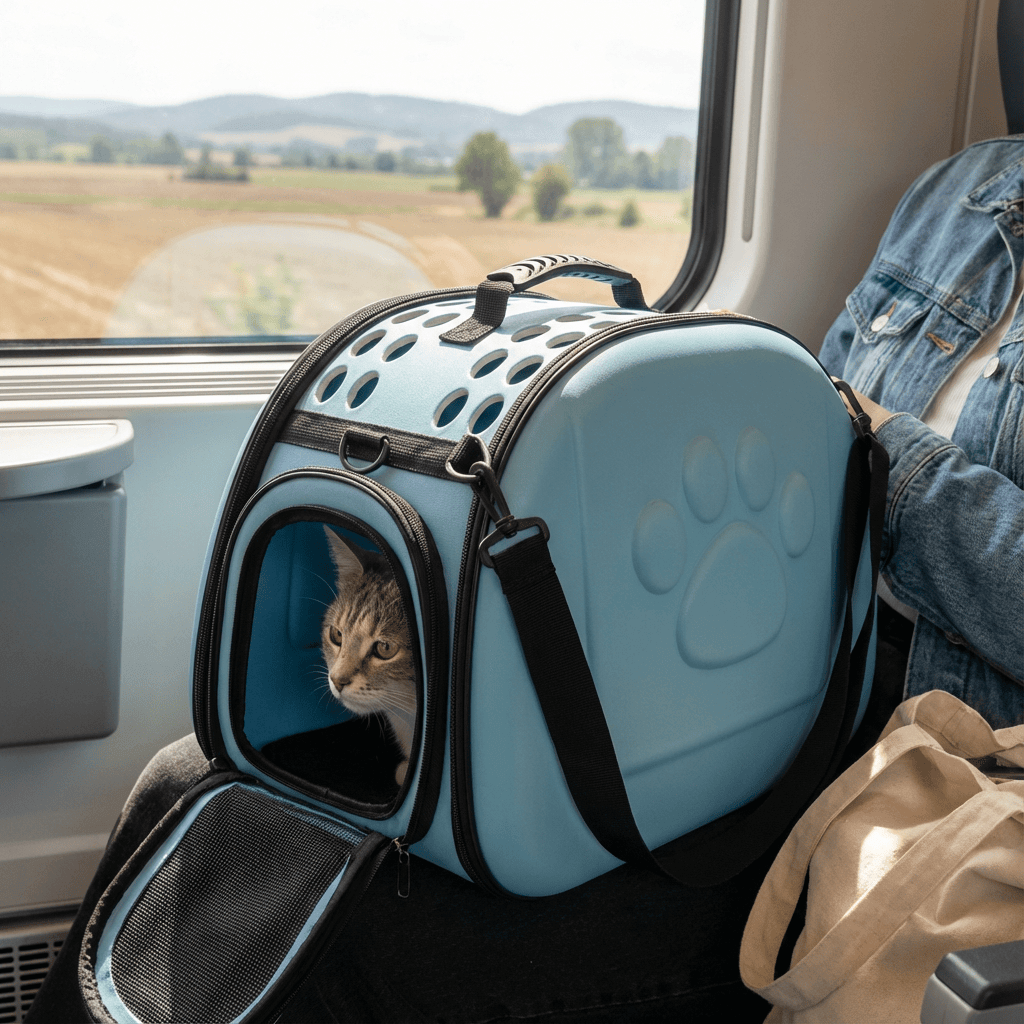 Compact Travel Pet Carrier for dogs and cats with portable design and breathable mesh.