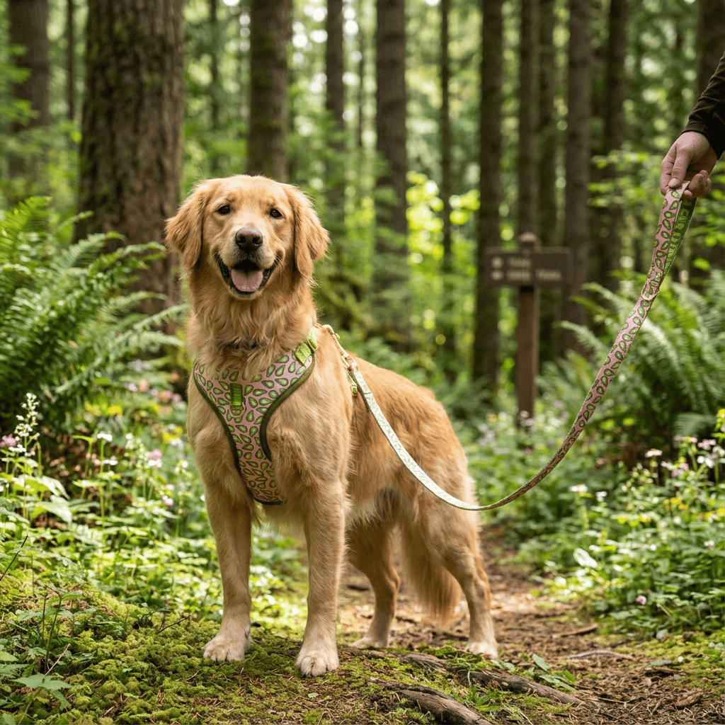 CoolStride Dog Harness on golden retriever in forest, featuring breathable materials and a secure fit for summer walks.