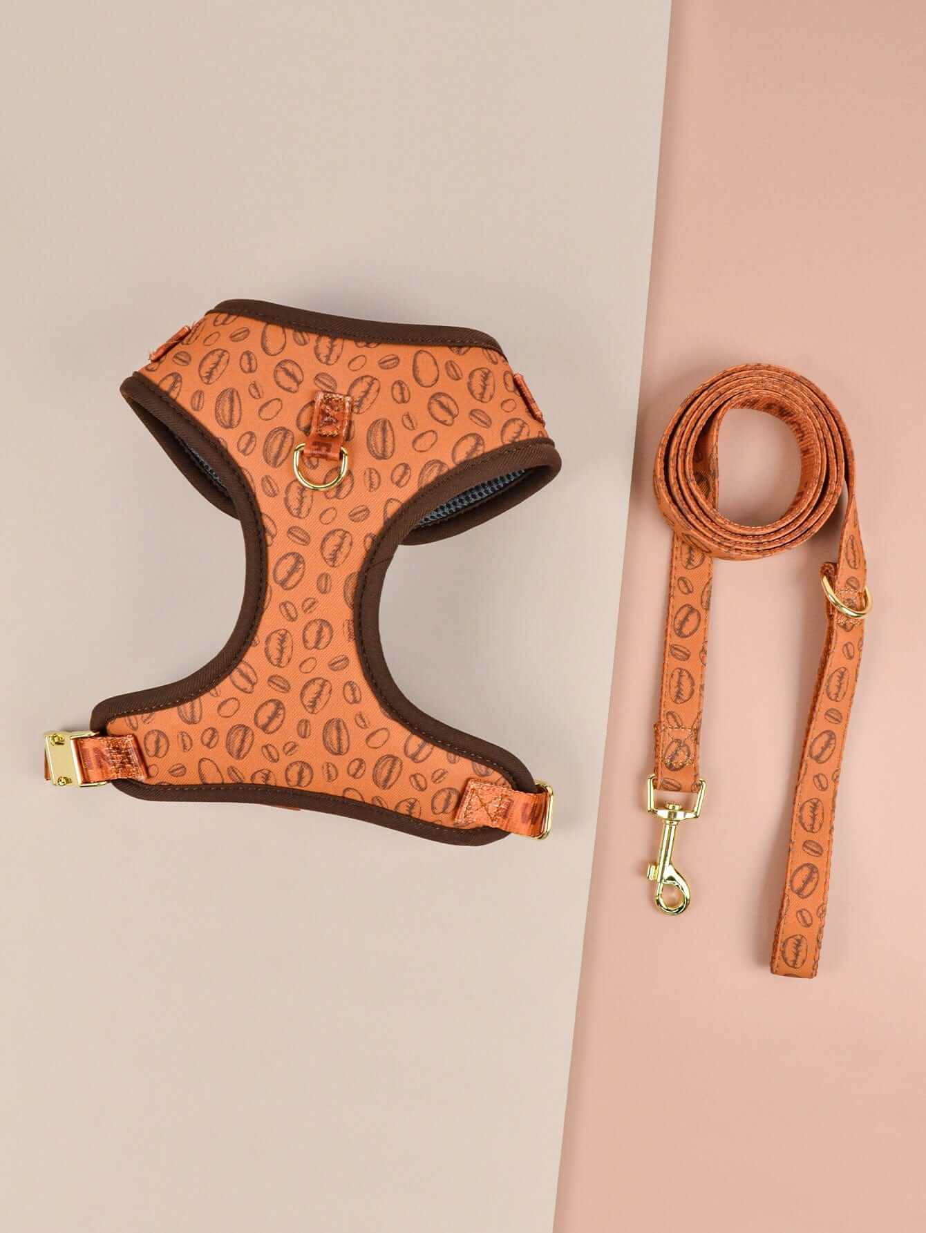CoolStride Dog Harness in coffee bean design with matching leash for medium and large dogs by Dogs & Cats.