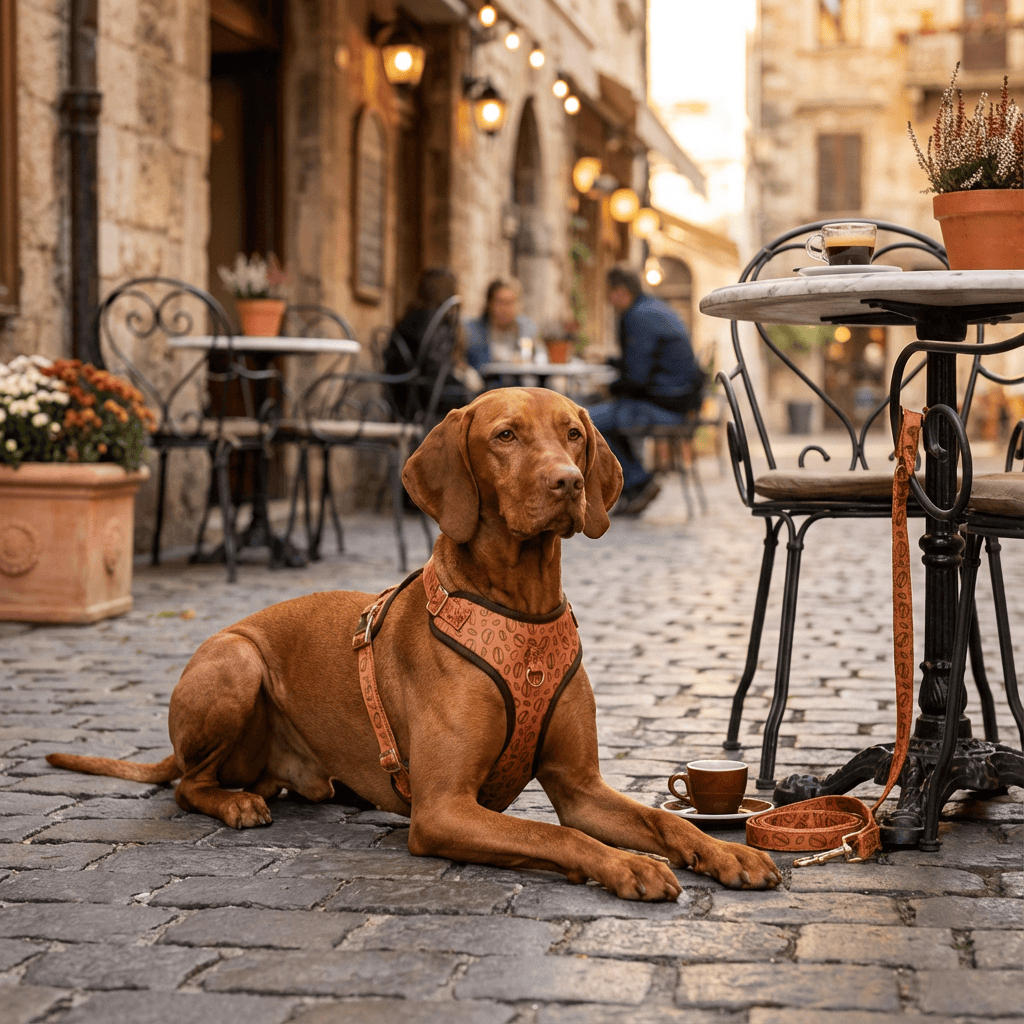 CoolStride Dog Harness on a relaxed dog sitting at a cafe, showcasing its breathable features for summer comfort.
