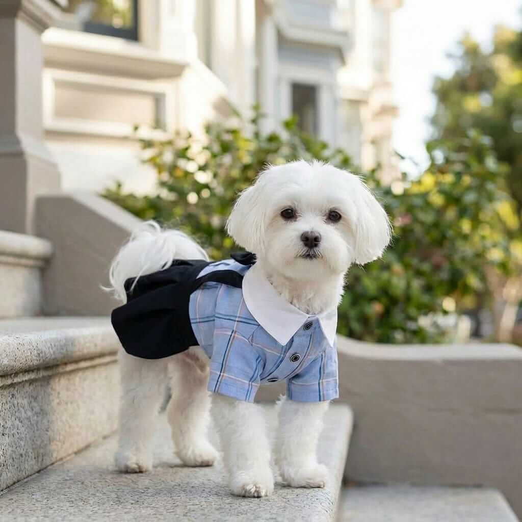 Couple Wear Student Suit for Dogs & Cats, stylish pet outfit with bowtie, cotton material, comfortable fit.