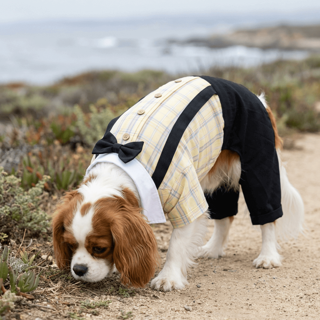 Couple Wear Student Suit for Dogs & Cats, featuring a bowtie, comfortable fit, and lightweight cotton material.