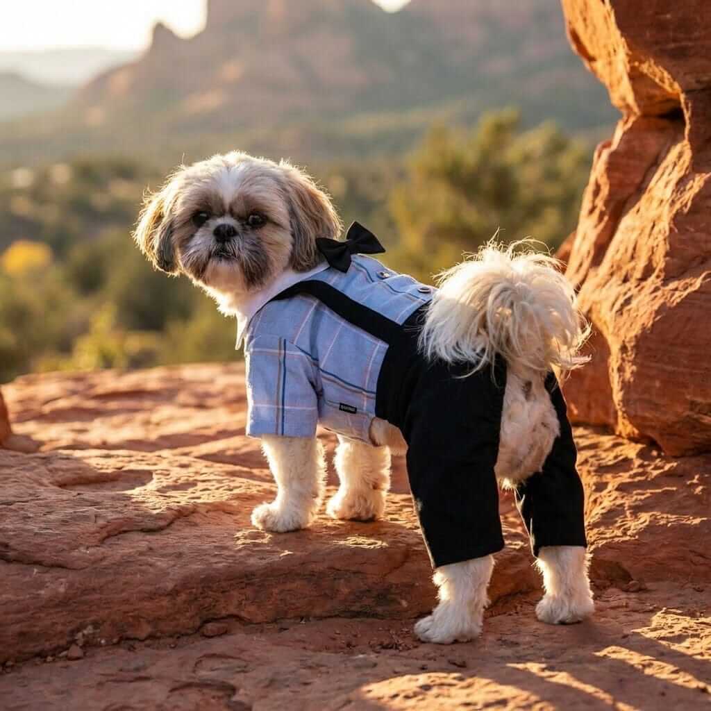 Dog in Couple Wear Student Suit with bowtie, stylish outfit for dogs and cats, perfect for special occasions.