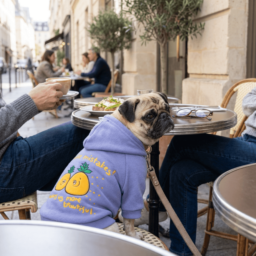 Cozy Designer Dog Hoodie worn by a pug at a café, showcasing comfort and style for small dogs.