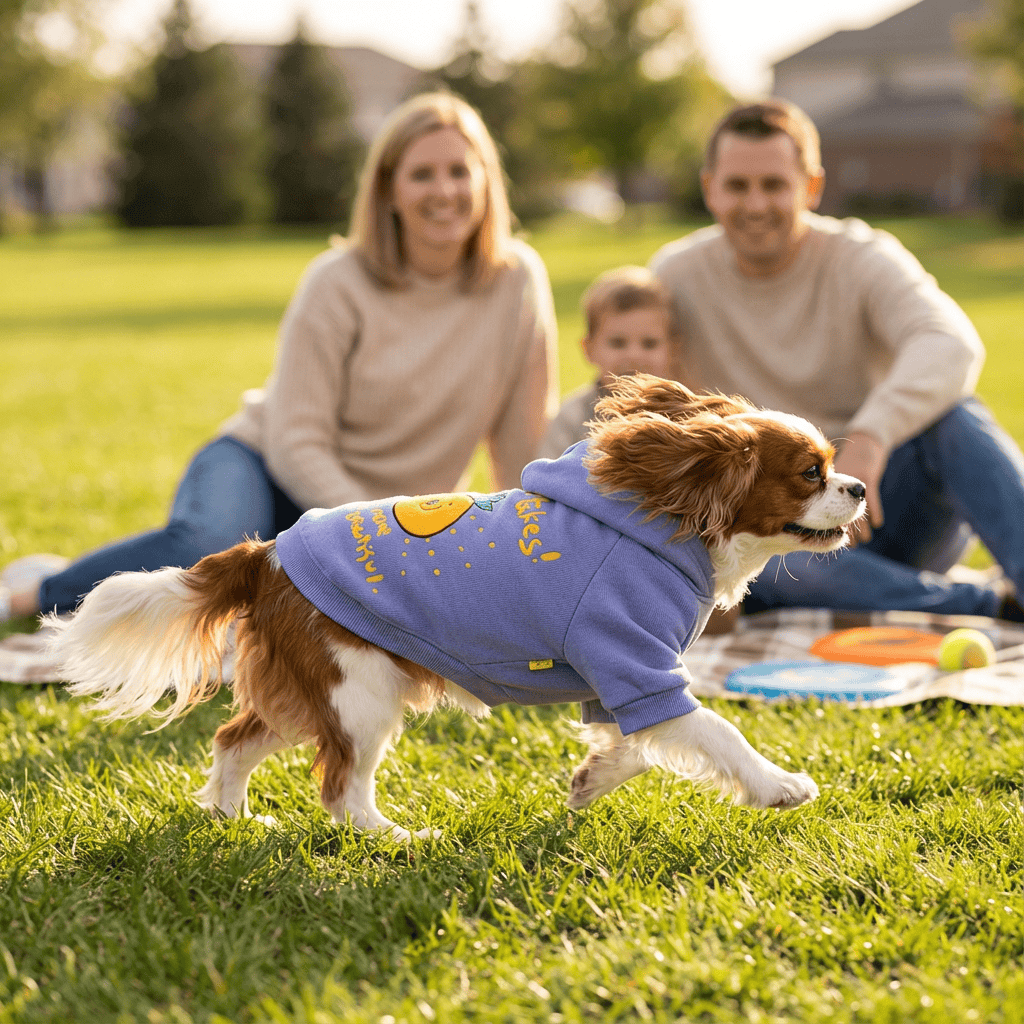 Cozy Designer Dog Hoodie on a playful dog in a park, featuring chic style and comfort for small breeds by Dogs & Cats.