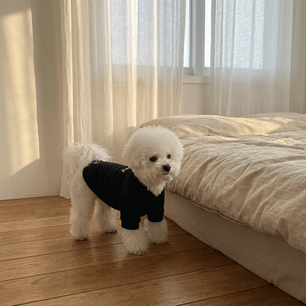 Dog wearing Cozy Free Kisses Dog Hoodie in a bright room with a bed, perfect for stylish warmth.