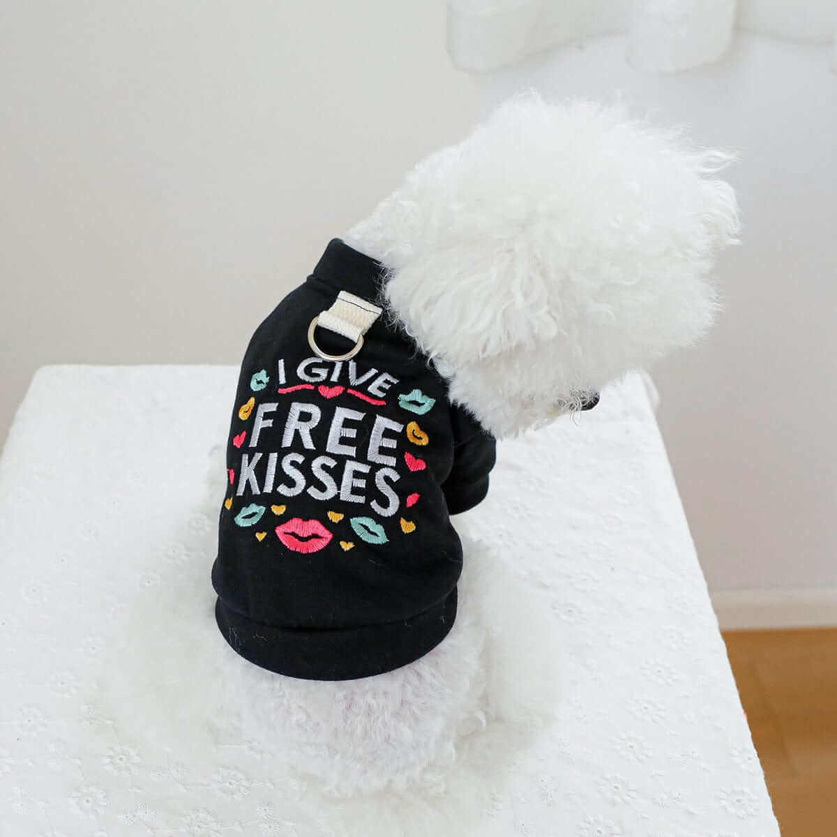 Cozy Free Kisses Dog Hoodie on a fluffy dog, featuring colorful lettering and designed for dogs by Dogs & Cats.