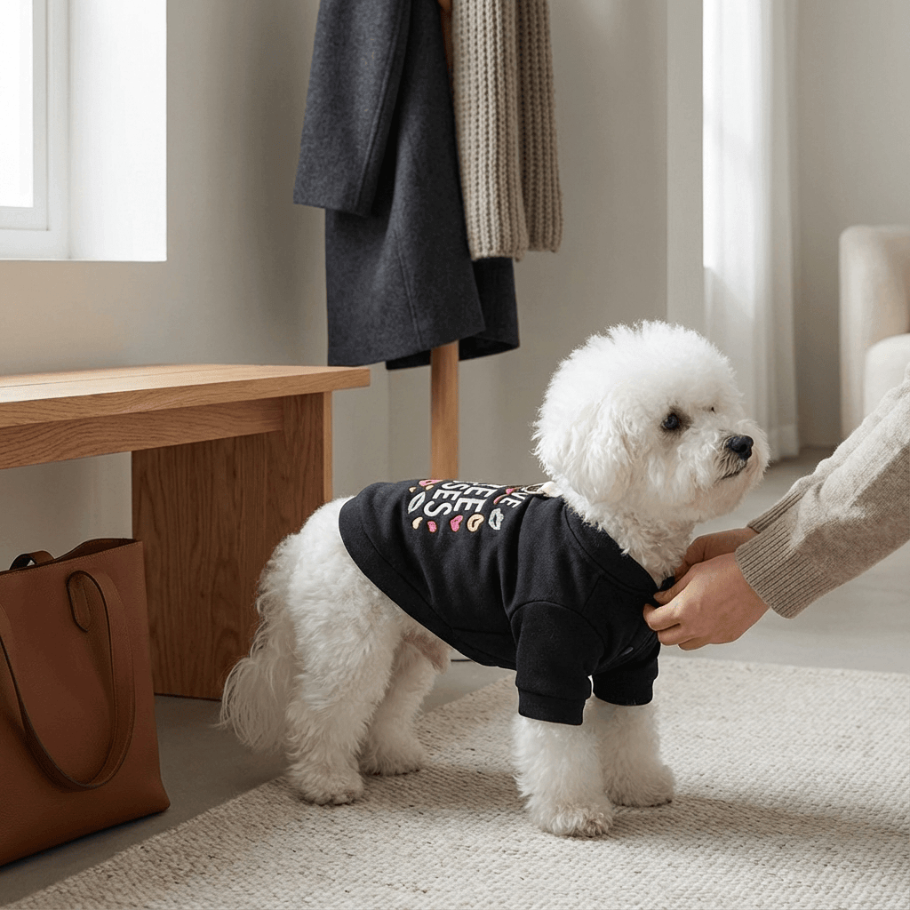 Cute dog wearing the Cozy Free Kisses Dog Hoodie, featuring playful lettering, perfect for small breeds.