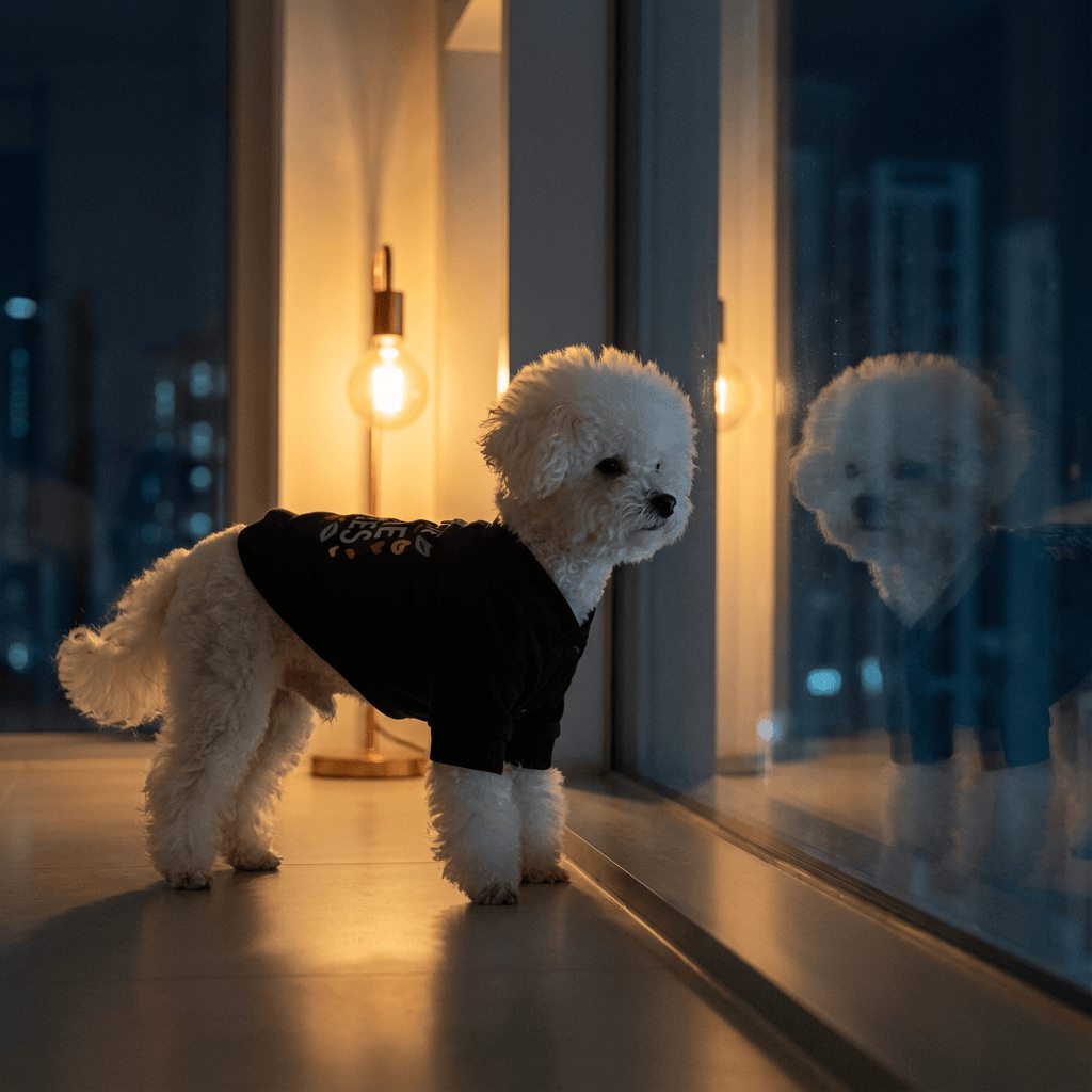 Cozy Free Kisses Dog Hoodie on a small dog looking out a window, stylish and warm for autumn and winter days.