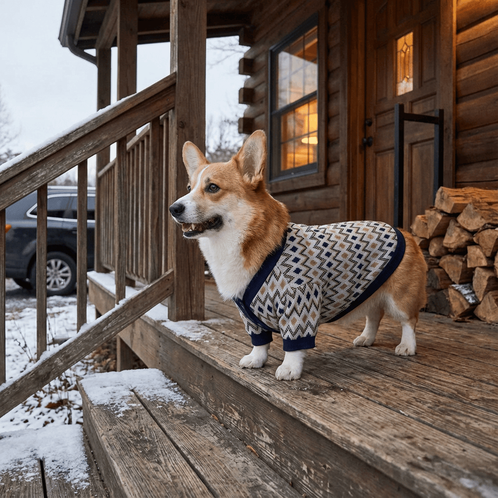 Cozy French Bulldog Fall & Winter Cardigan on a Corgi, stylish pet coat for warm autumn and winter walks.