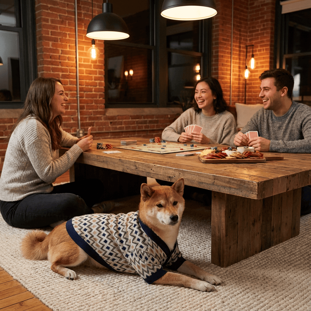 Cozy French Bulldog Fall & Winter Cardigan on a Shiba Inu dog, stylish and warm for autumn family gatherings.