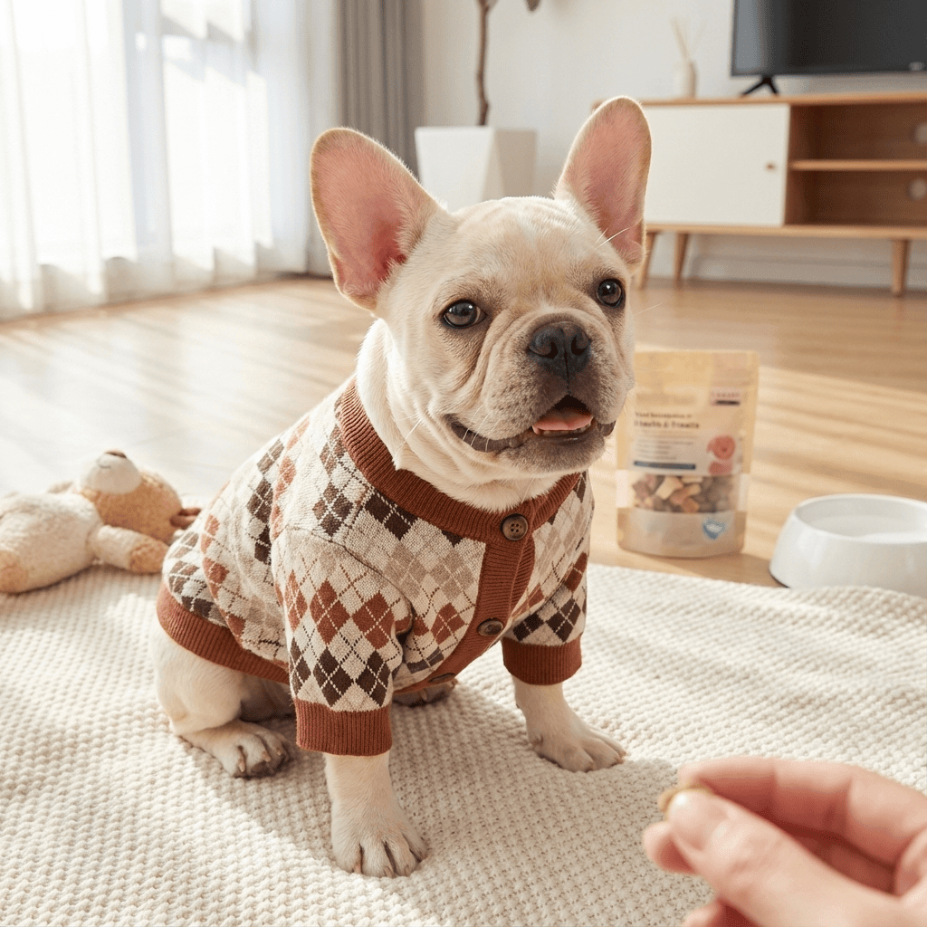 Cozy French Bulldog Fall & Winter Cardigan on a French Bulldog sitting indoors, stylish and warm for fall and winter.