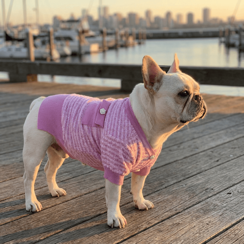 Cozy Frenchie Knit Fall Winter Dog Sweater worn by a French Bulldog in a stylish environment, showcasing warmth and fashion.