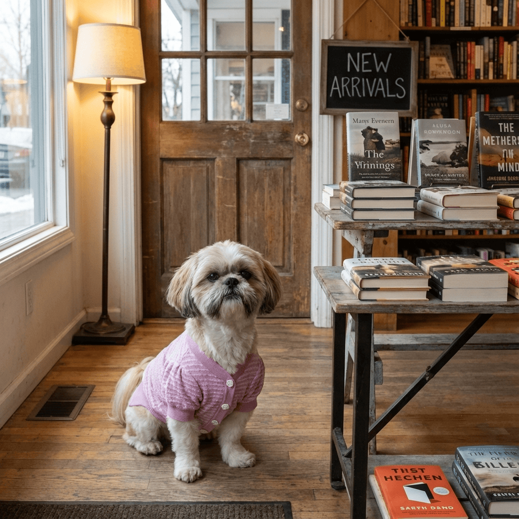 Cozy Frenchie Knit Fall Winter Dog Sweater on a small dog in a cozy bookstore setting.