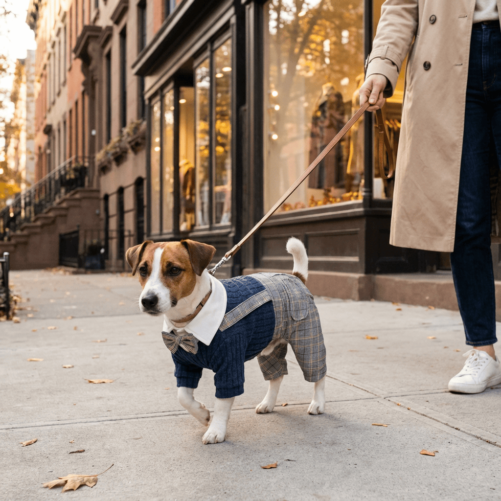 CozyPaws Knitted Dog Jumpsuit on a small dog, outdoors in stylish winter outfit, ideal for warmth and comfort.