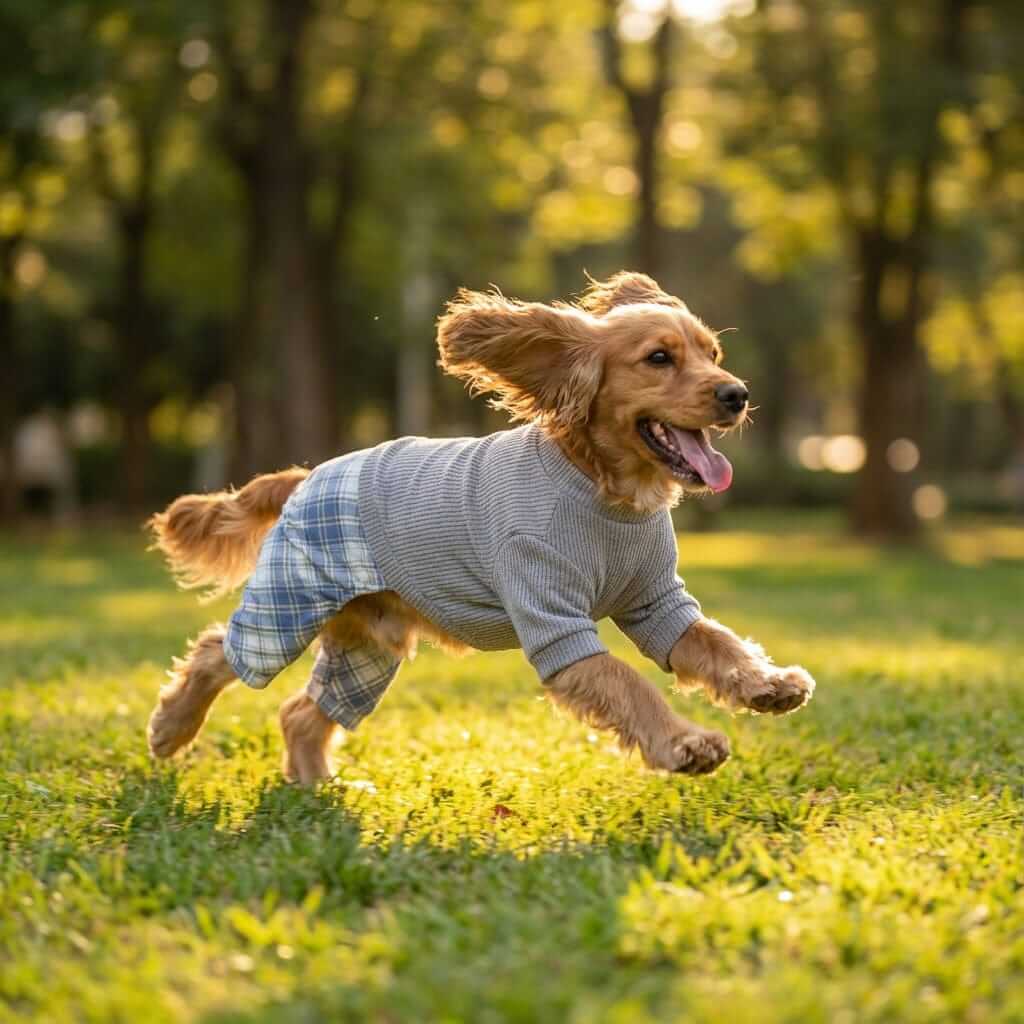 Cozy Plaid Dog Dress on a playful dog running in the park; perfect blend of style and comfort for dogs.