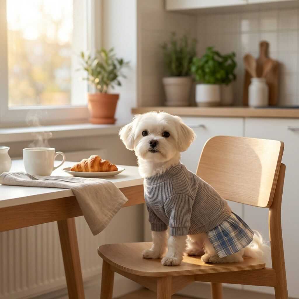 Cozy Plaid Dog Dress on a small dog sitting at a kitchen table, featuring a soft ribbed knit top and plaid skirt.