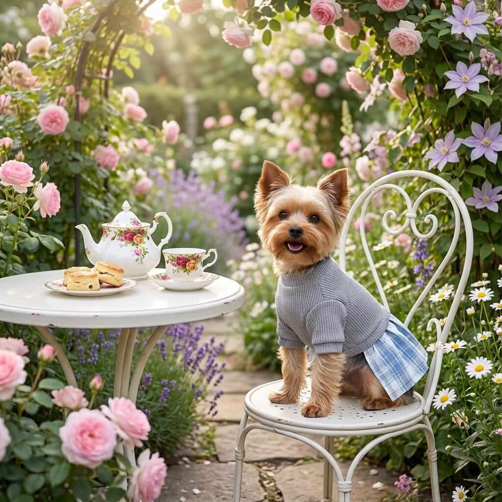 Cozy Plaid Dog Dress on a small dog in a garden, showcasing warm plaid style and comfort for pets by Dogs & Cats.