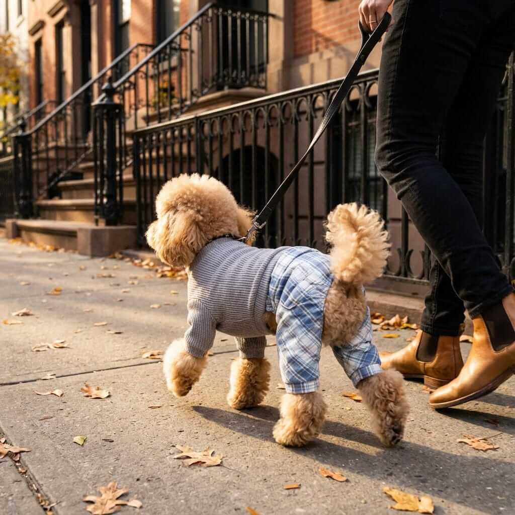 Cozy Plaid Dog Dress on a small dog walking in the city with stylish plaid pants and a ribbed knit top, perfect for fall.