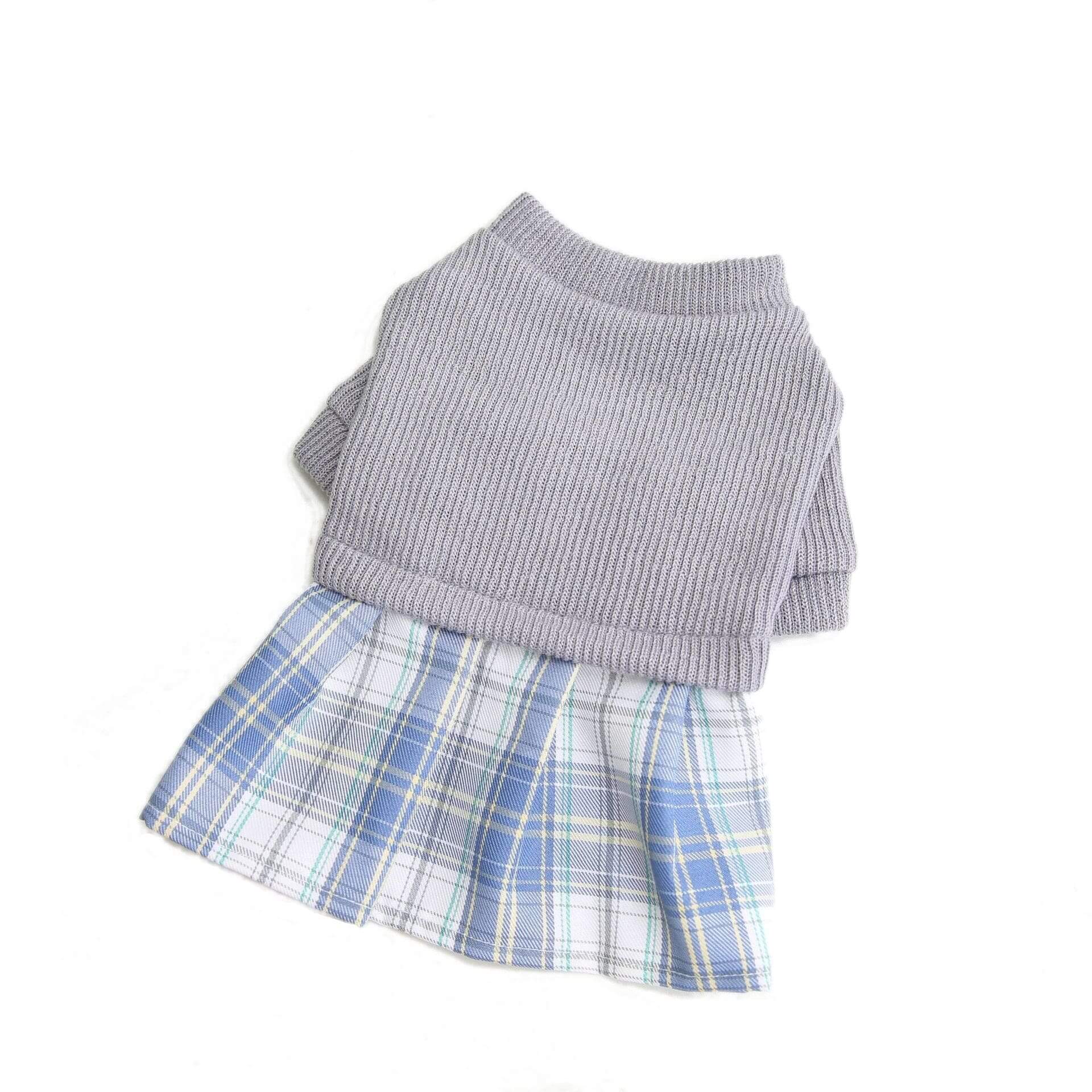 Cozy Plaid Dog Dress featuring a soft ribbed knit top and stylish plaid skirt for small to medium-sized dogs from Dogs & Cats.