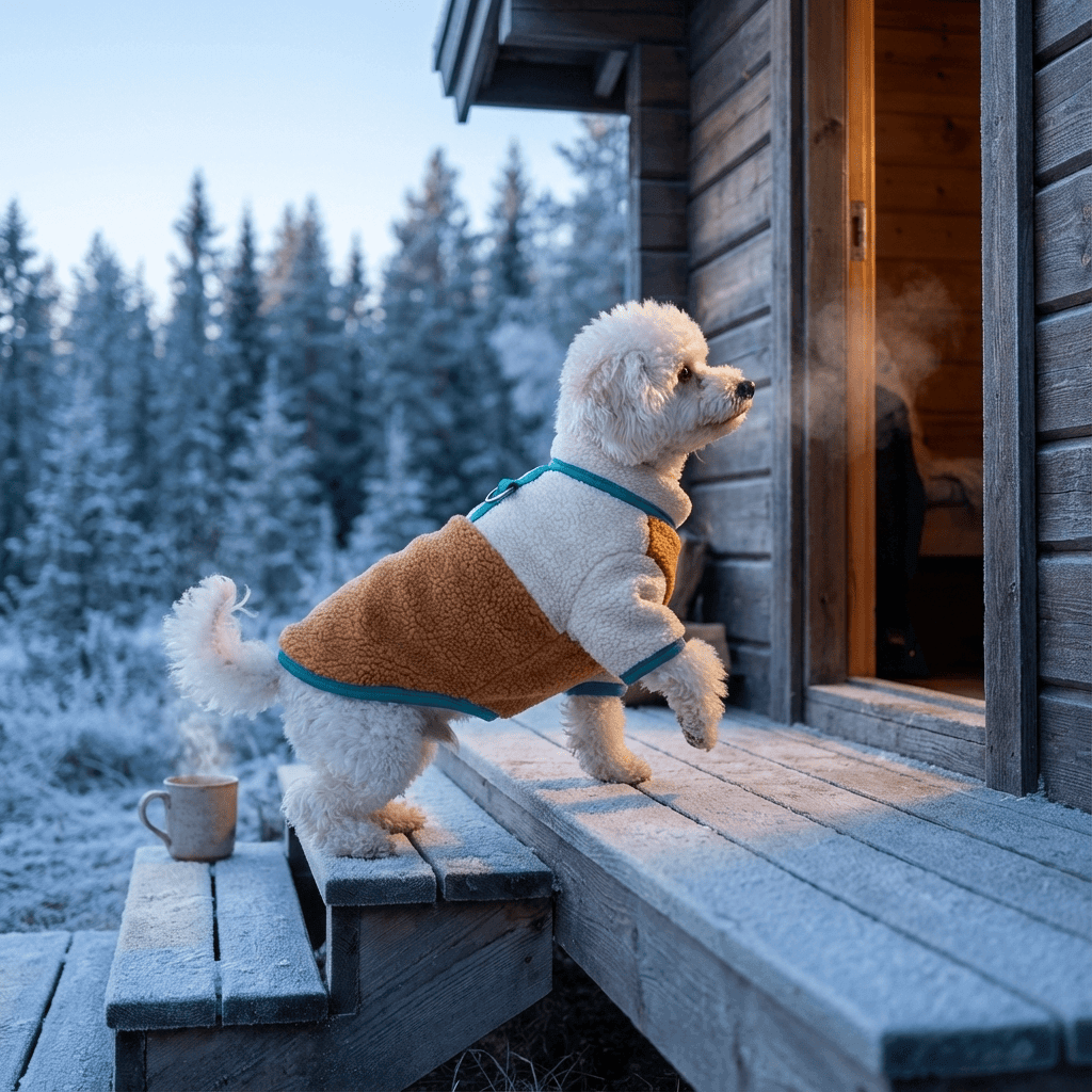 Cozy Spring & Fall Fleece Dog Jacket on a small dog outdoors, offering warmth and comfort for chilly weather.