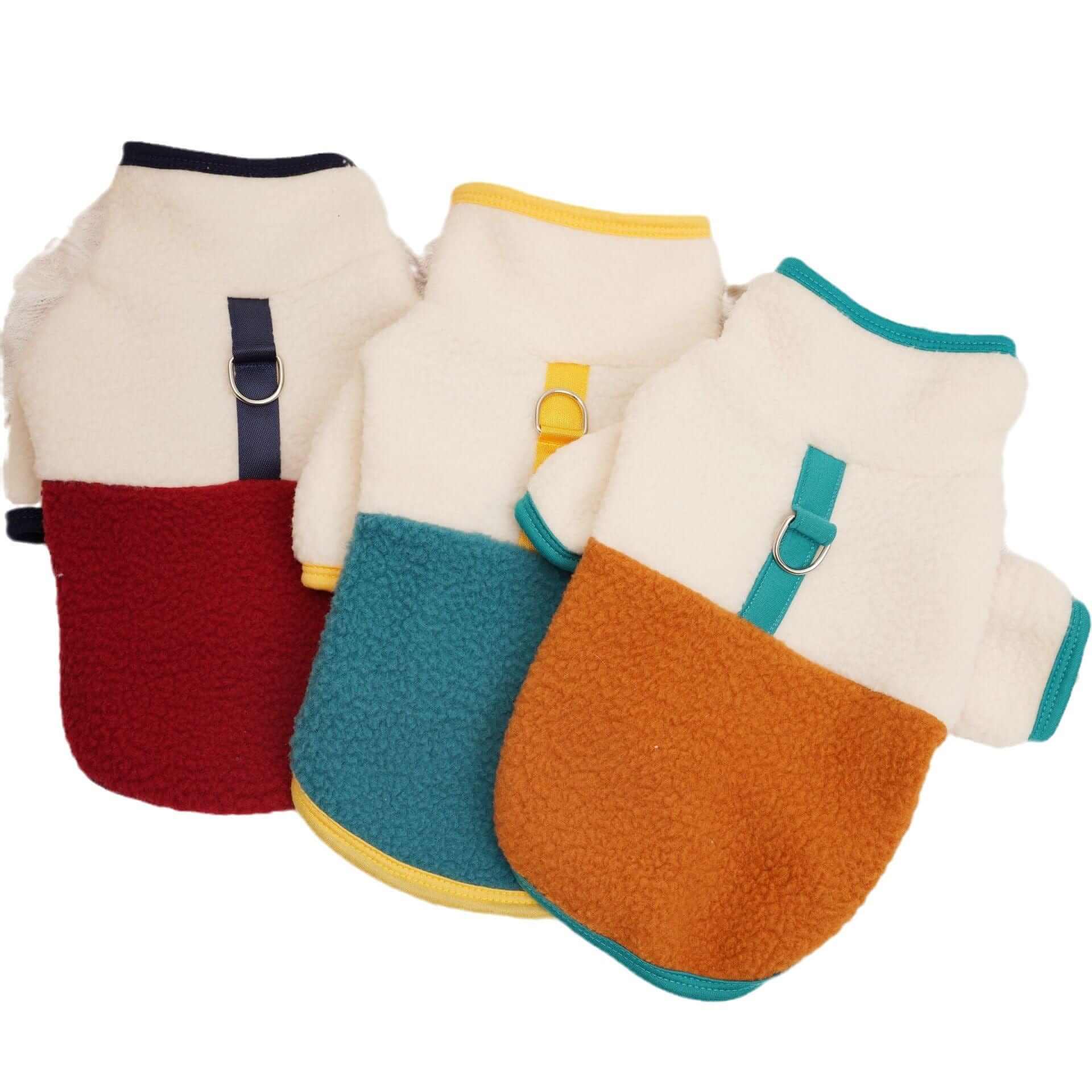 Cozy Spring & Fall Fleece Dog Jacket in three colors, featuring lightweight comfort for small and medium dogs by Dogs & Cats.