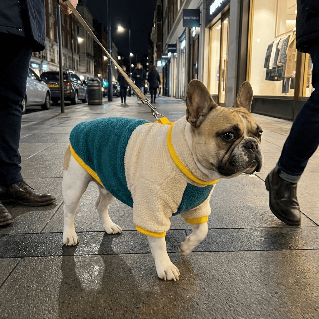 Cozy Spring & Fall Fleece Dog Jacket on a French Bulldog, providing comfort for spring and fall, by Dogs & Cats.