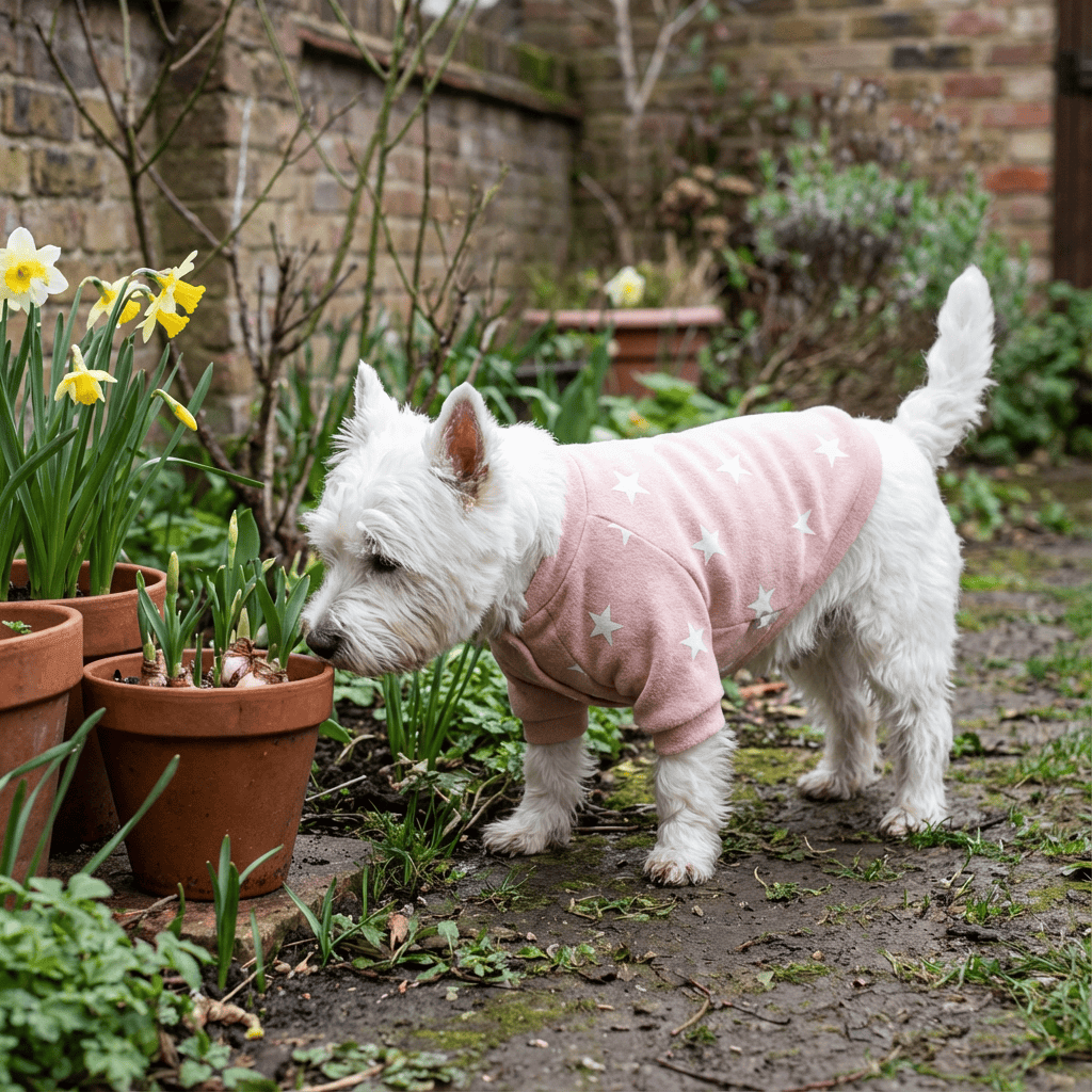 Cozy Star-Print Dog Pullover on a white dog in a garden, showcasing star pattern for warmth and style.