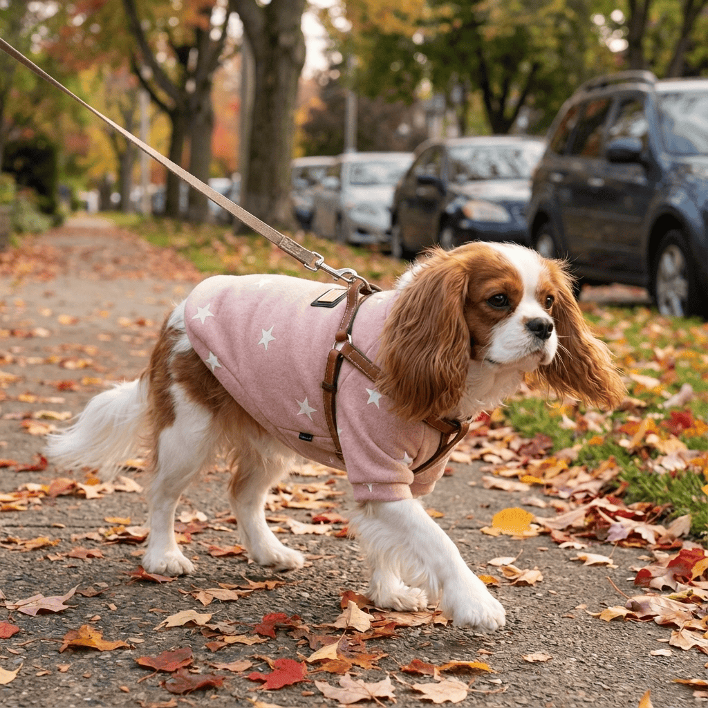 Cozy Star-Print Dog Pullover on a Cavalier King Charles Spaniel walking in autumn leaves, featuring a cute star pattern for dogs.