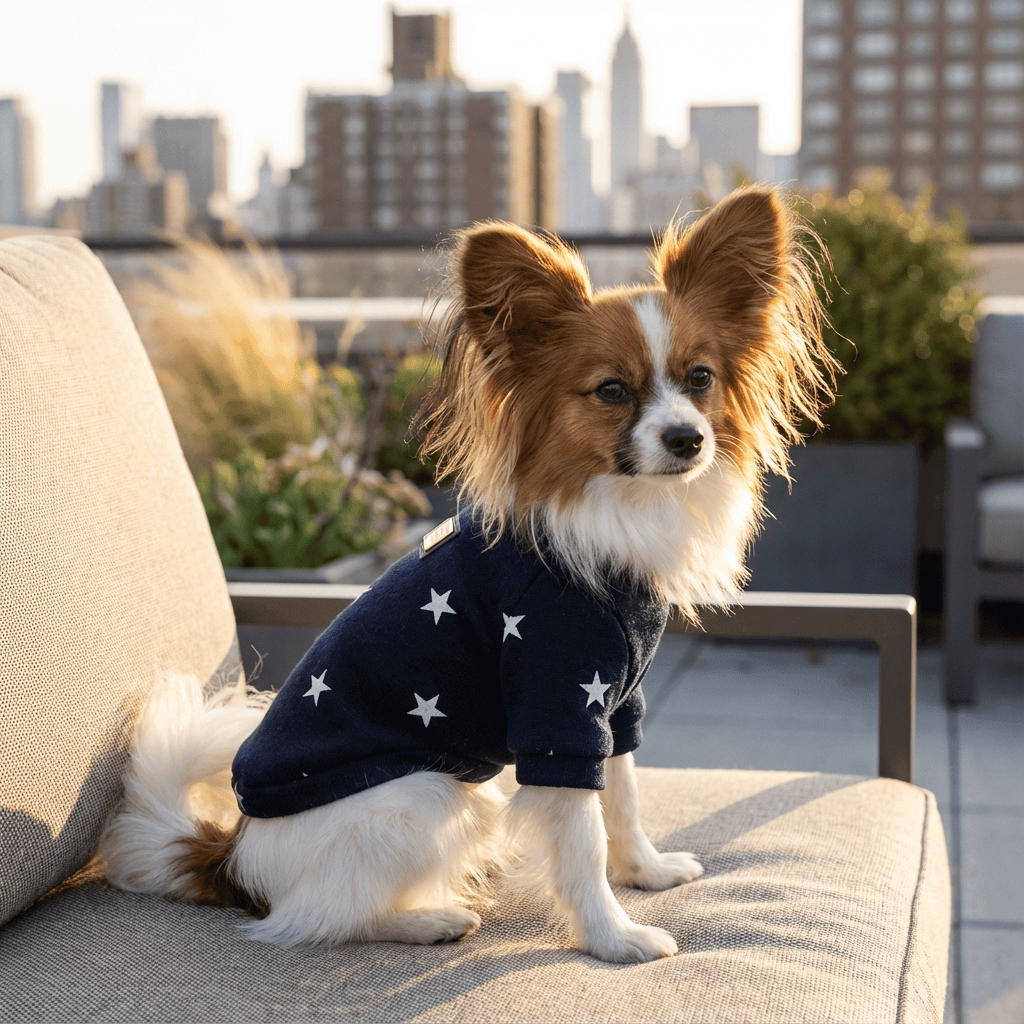Cozy Star-Print Dog Pullover on a stylish dog, perfect for winter warmth, featuring a charming star pattern, by Dogs & Cats.