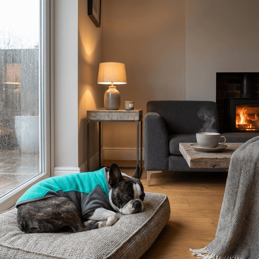 CozyPaws Stretchy Dog Sweater on a dog resting in a warm living room, showcasing comfort and style for Dogs & Cats.