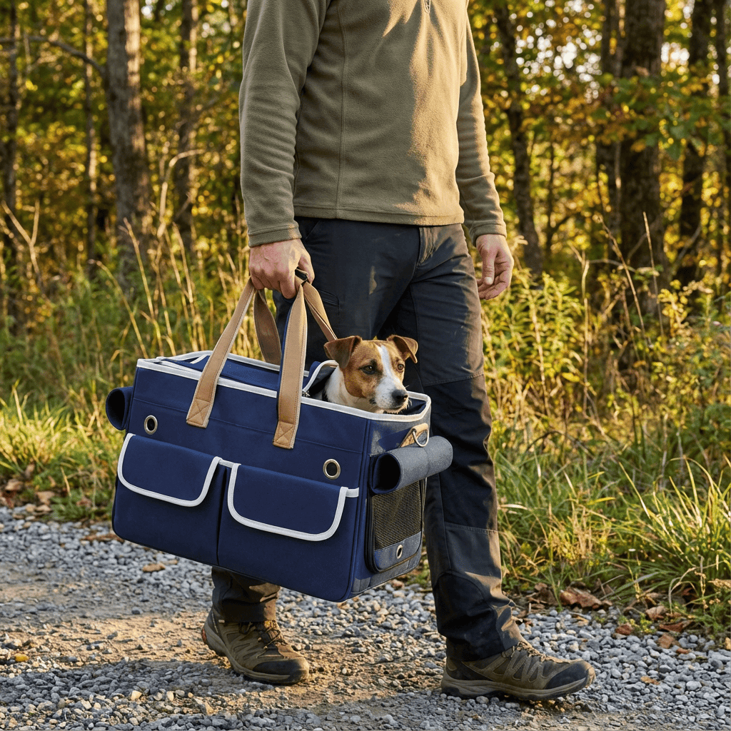 CozyCloud Soft-Sided Pet Carrier with a small dog being carried, perfect for travel with Dogs & Cats.