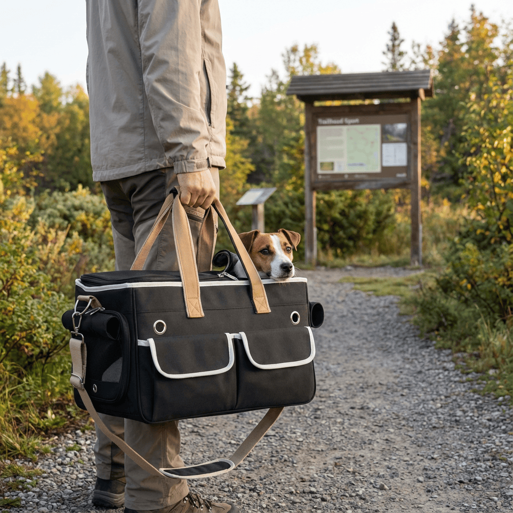 CozyCloud Soft-Sided Pet Carrier with dog being carried in a scenic outdoor setting, perfect for comfortable pet travel.
