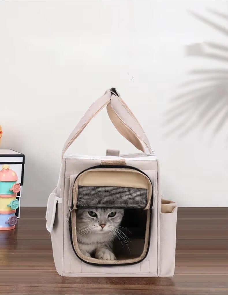 CozyCloud Soft-Sided Pet Carrier with cat inside, designed for comfortable travel with small dogs and cats.