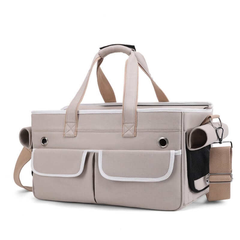 CozyCloud Soft-Sided Pet Carrier, comfortable travel bag for small dogs and cats, features multiple pockets and straps.